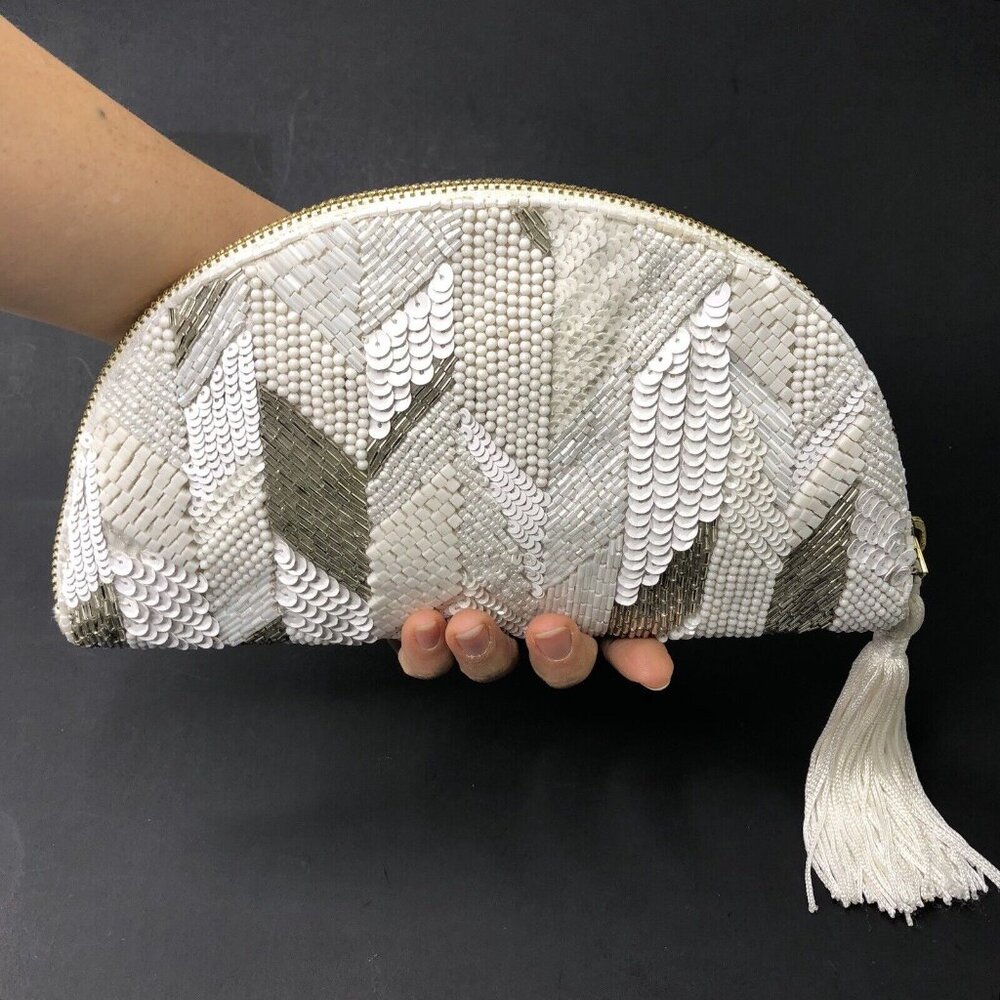 Anthropologie Sequined Beaded Clutch Evening Bag Half-moon Tassel White Silver